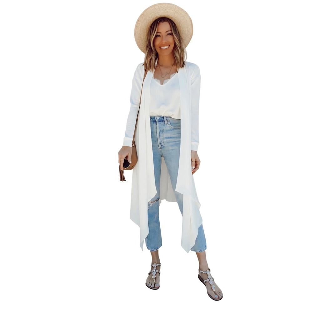 1.STATE Womens White Open Front Duster Cardigan Sharkbite Hem Ribbed Knit Medium